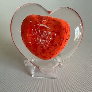 Hand-Blown Red & Clear Art Glass Heart PaperWeight or Sculpture With Stand